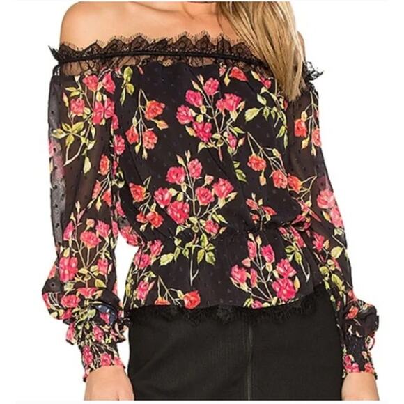 NBD Revolve Dylan Black and Red Floral Swiss Dot Off The Shoulder Blouse Small - Picture 1 of 14